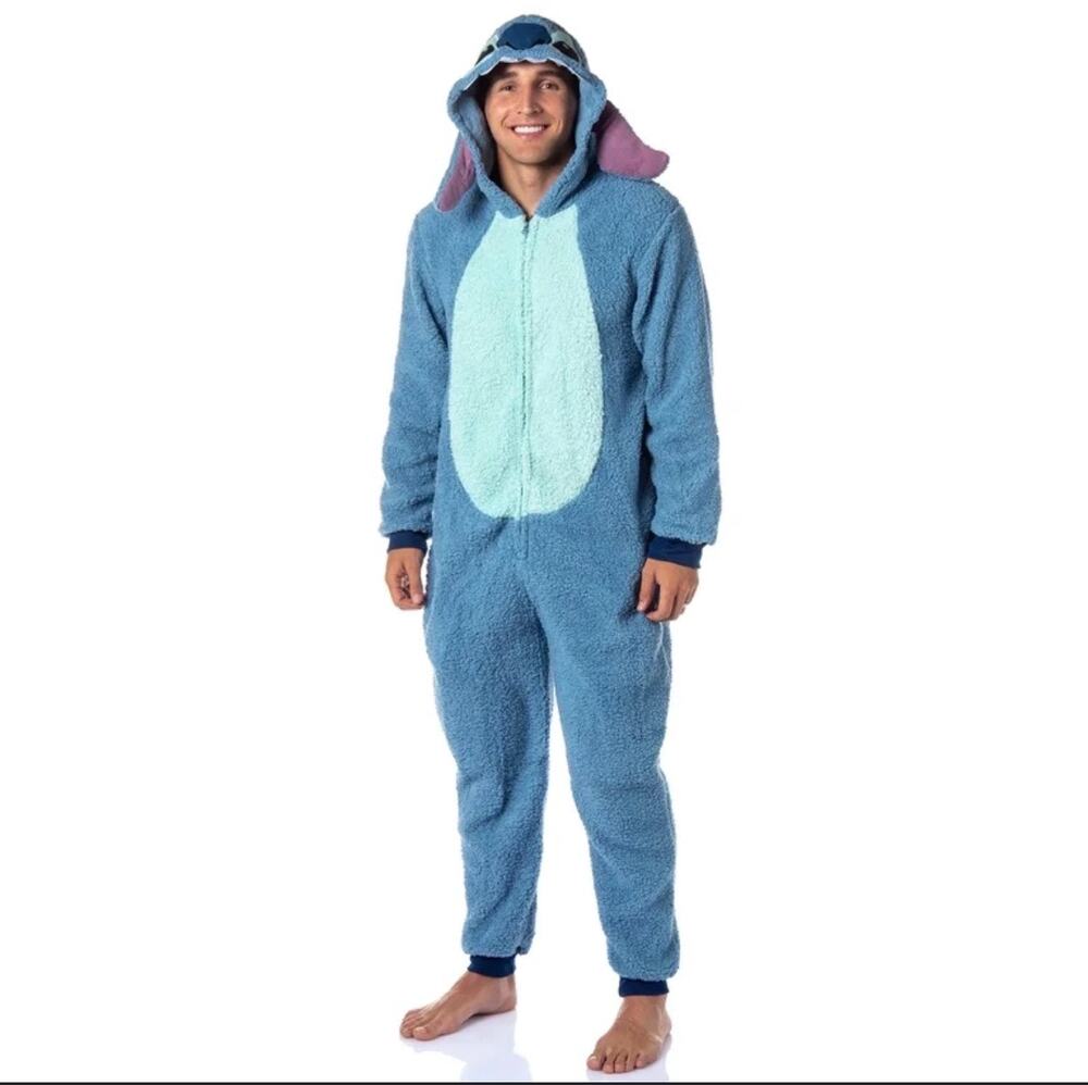 Disney Stitch Adult Sherpa Onesie Men’s Large Blue Zip Pajama Costume